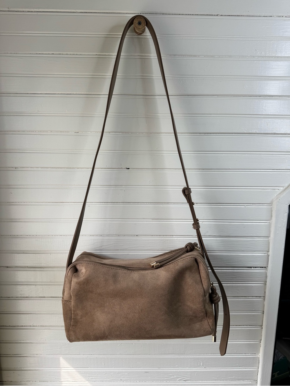 Minimal Taupe Suede Crossbody Bag with Adjustable Strap
